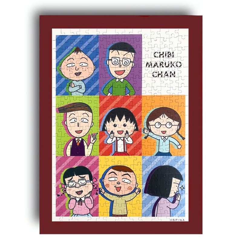 Framed Botop Chibi Maruko-chan puzzle artwork with characters in bright color panels.