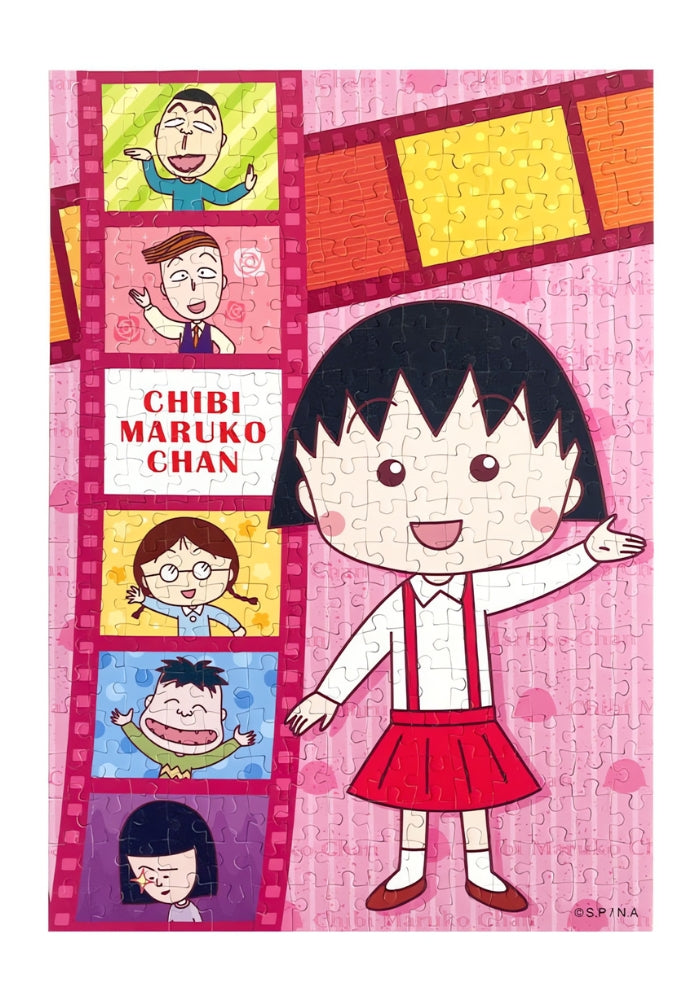 Completed Botop Chibi Maruko-chan puzzle with Maruko and friends in pink film-themed design.