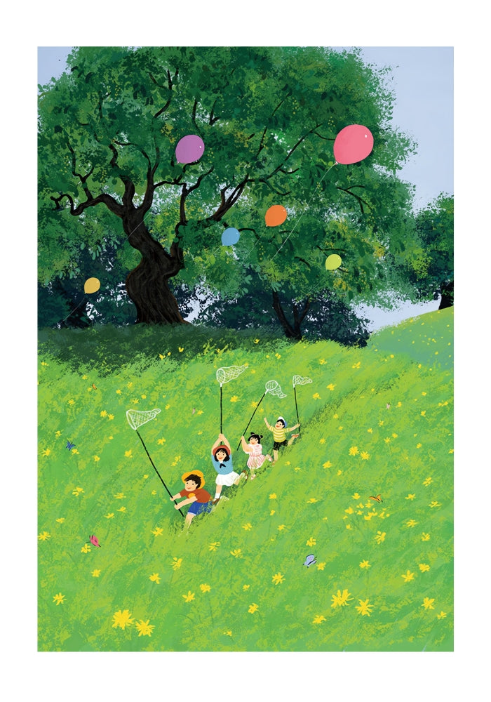 Illustration of four children running with nets through a sunny green field with balloons and trees.