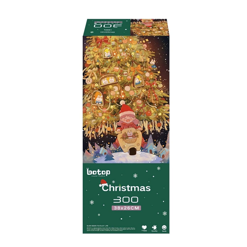 Boxed 300-piece Botop Christmas puzzle with girl in sleigh under a festive Christmas tree.