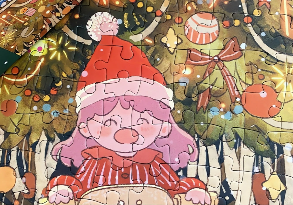 Close-up of Botop Christmas puzzle showing girl in Santa hat and glowing ornaments.