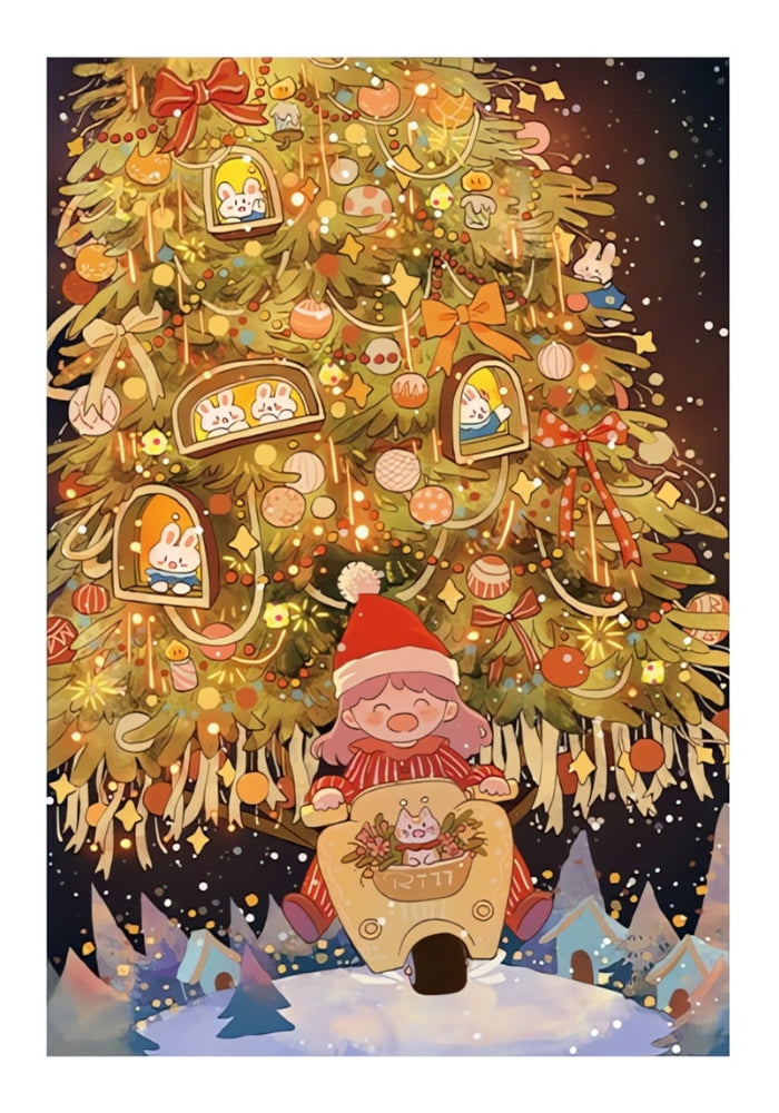 Completed Botop Christmas puzzle with girl in sleigh and large decorated holiday tree.