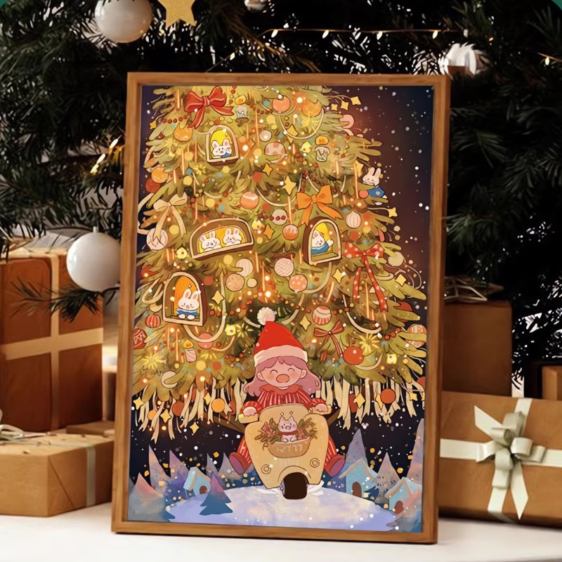 Framed Botop Christmas puzzle displayed beside wrapped presents and holiday tree.