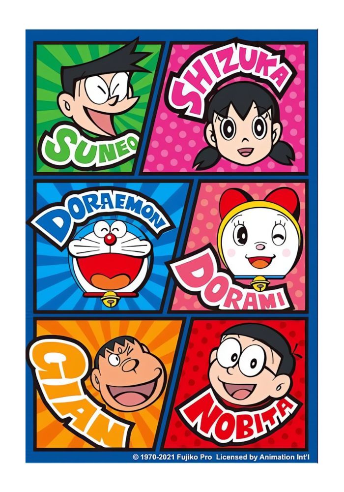Artwork design for the Doraemon: Fellowship Poster puzzle, showing a bright grid of six characters with vivid backgrounds.