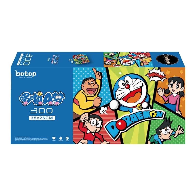 Colourful puzzle box featuring Doraemon and main characters in comic book panels with bold backgrounds.