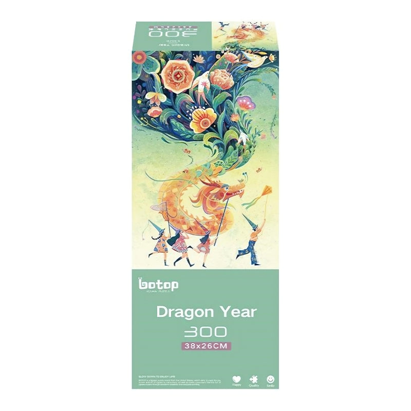 Boxed 300-piece Botop Dragon Year puzzle with a festive dragon and swirling floral art.
