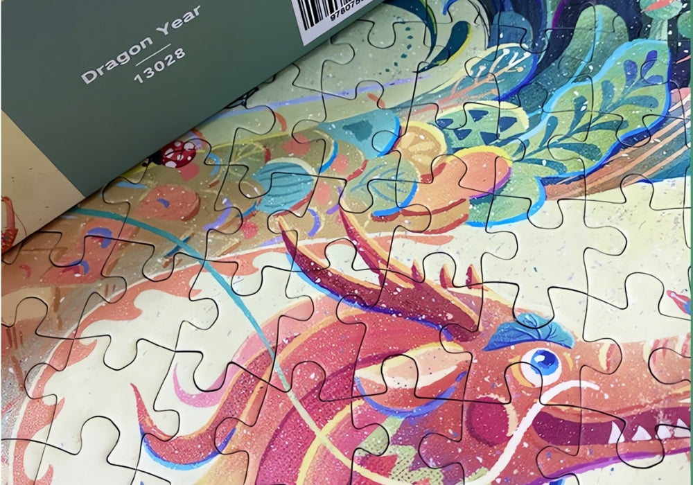 Close-up of Botop Dragon Year puzzle showing vivid dragon details and floral accents.
