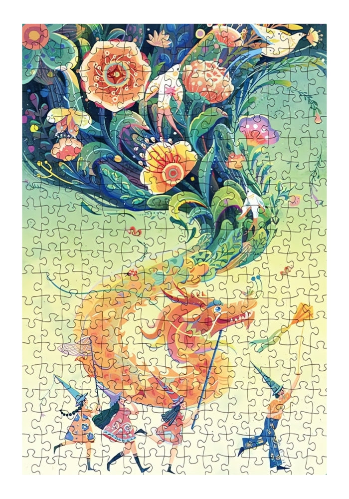 Completed Botop Dragon Year puzzle with dragon parade under vibrant floral explosion.