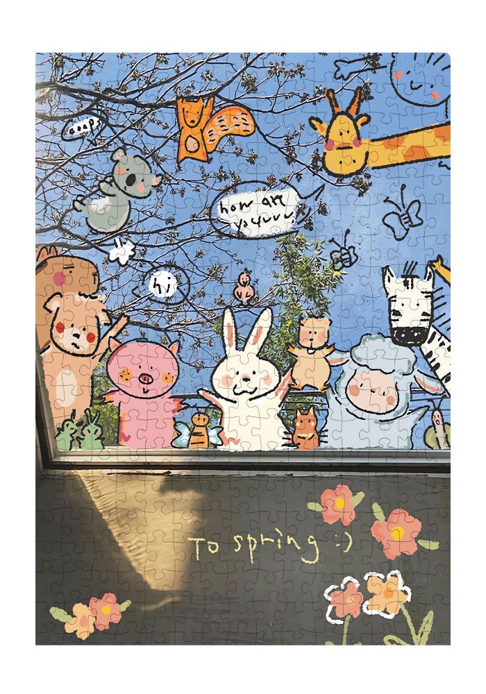 Finished puzzle showing animals and doodles on a window with "To spring :)" written below