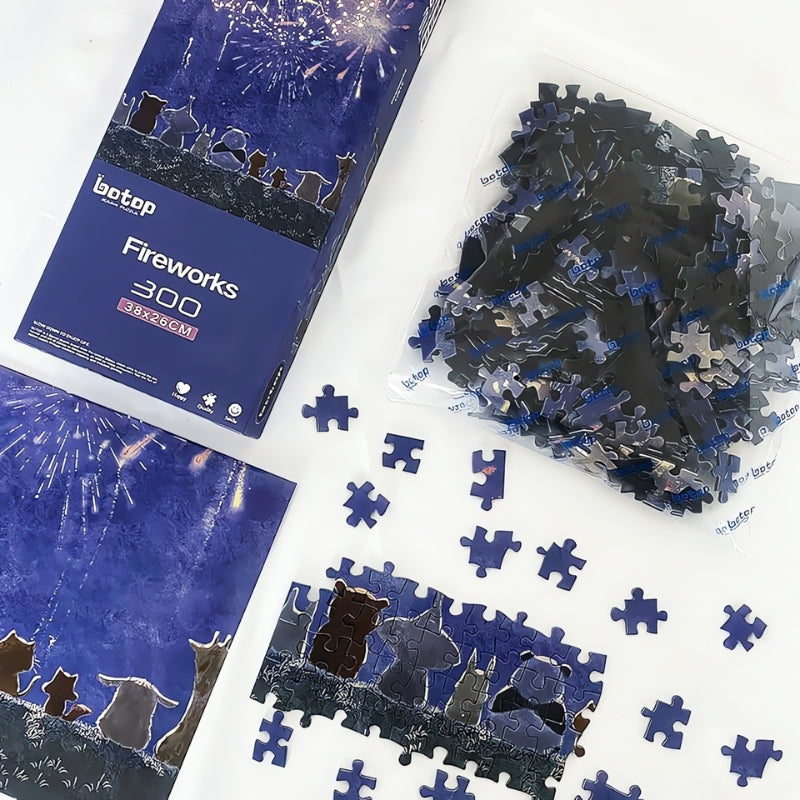 Fireworks puzzle in progress with scattered blue pieces and partial animal silhouettes.