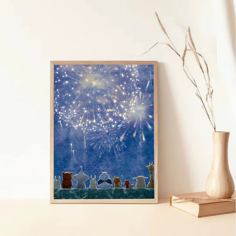 Finished Fireworks puzzle in frame showing animals watching bright night fireworks.
