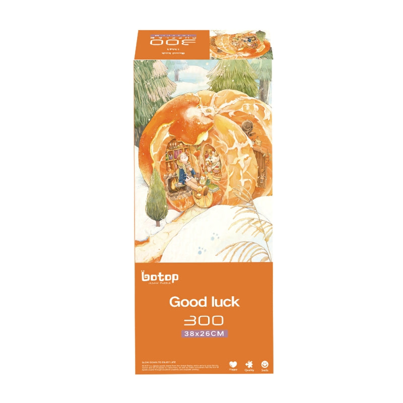 Good Luck puzzle box by Botop, 300 pieces, orange packaging with cosy mandarin house scene