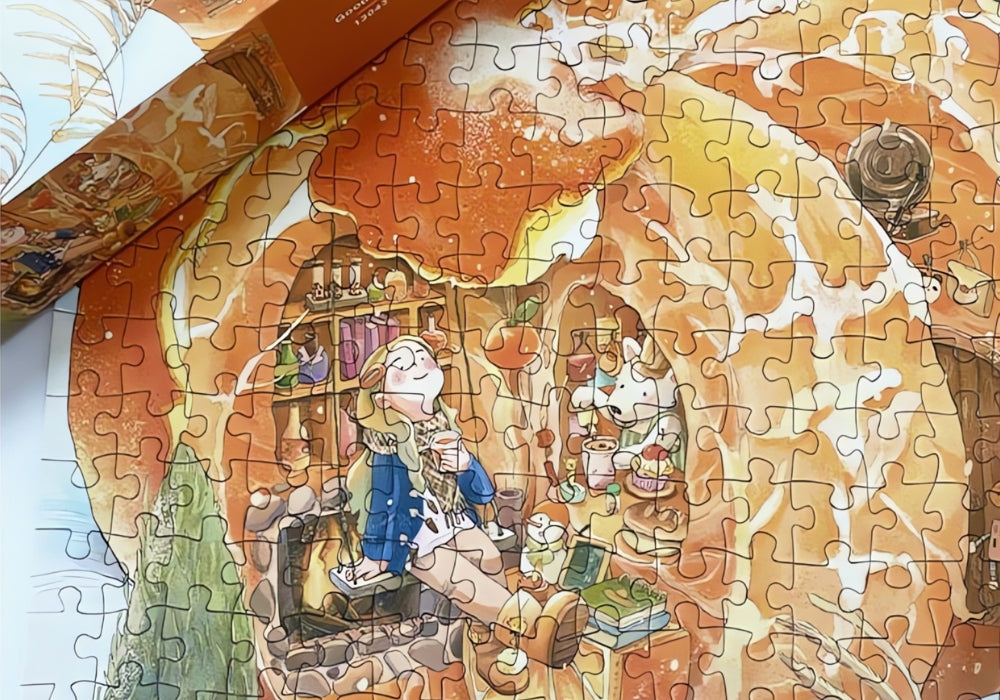 Close-up of Good Luck puzzle showing girl and dog relaxing inside a mandarin peel house