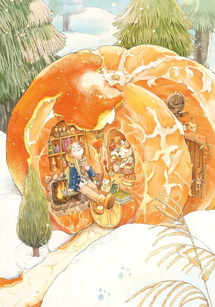 Whimsical winter illustration of a cosy mandarin peel house with girl, dog, and fireplace