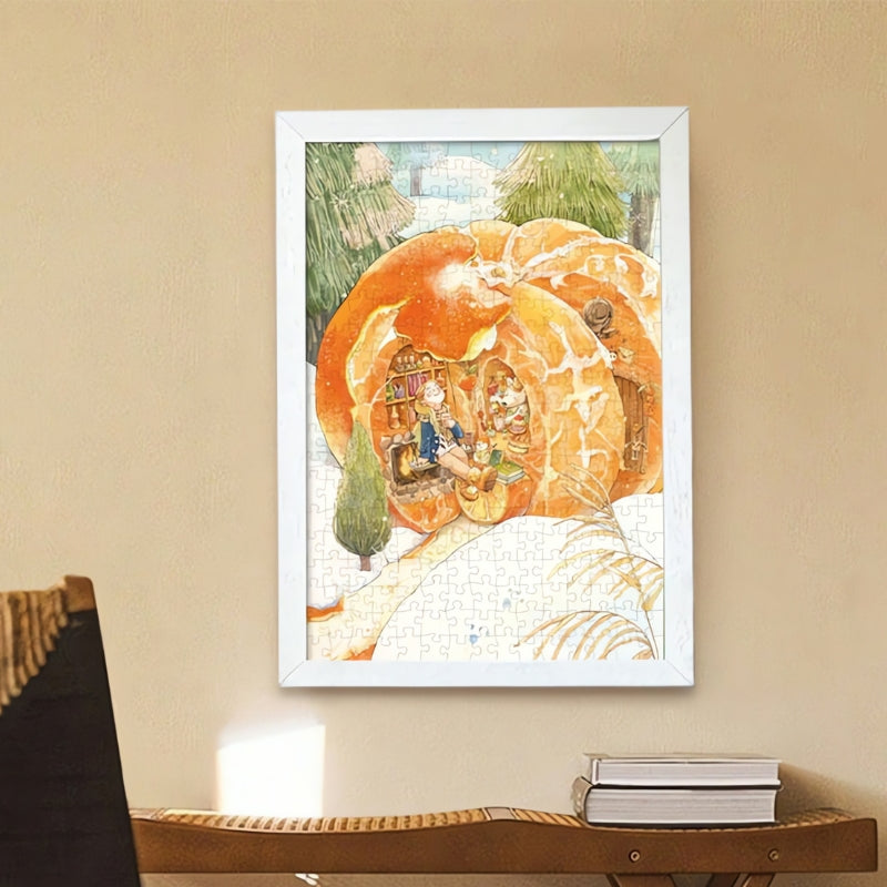 Framed Good Luck puzzle displayed on wall, showing winter scene with mandarin house