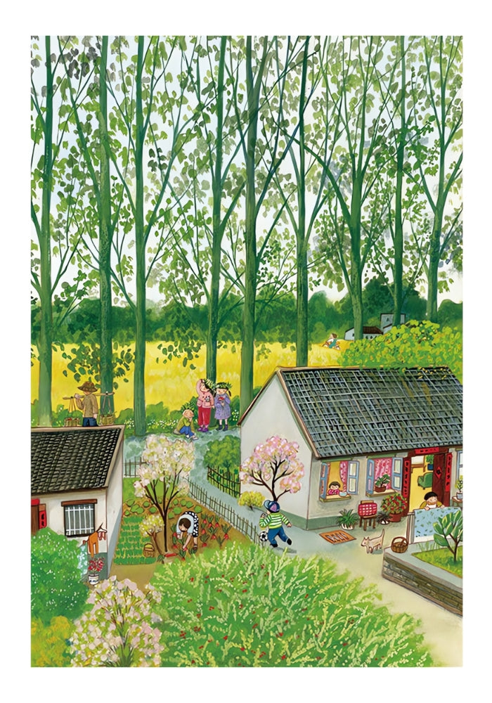 Spring village illustration with blooming gardens, white cottages, tall green trees, and people outdoors.