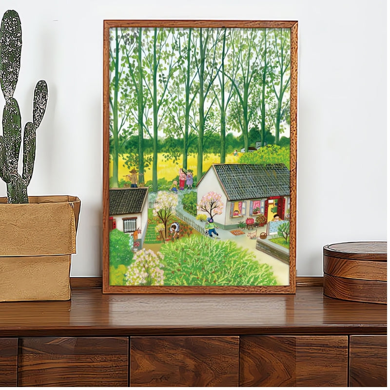 Idyllic Spring puzzle framed and displayed on a wooden table beside indoor plants.