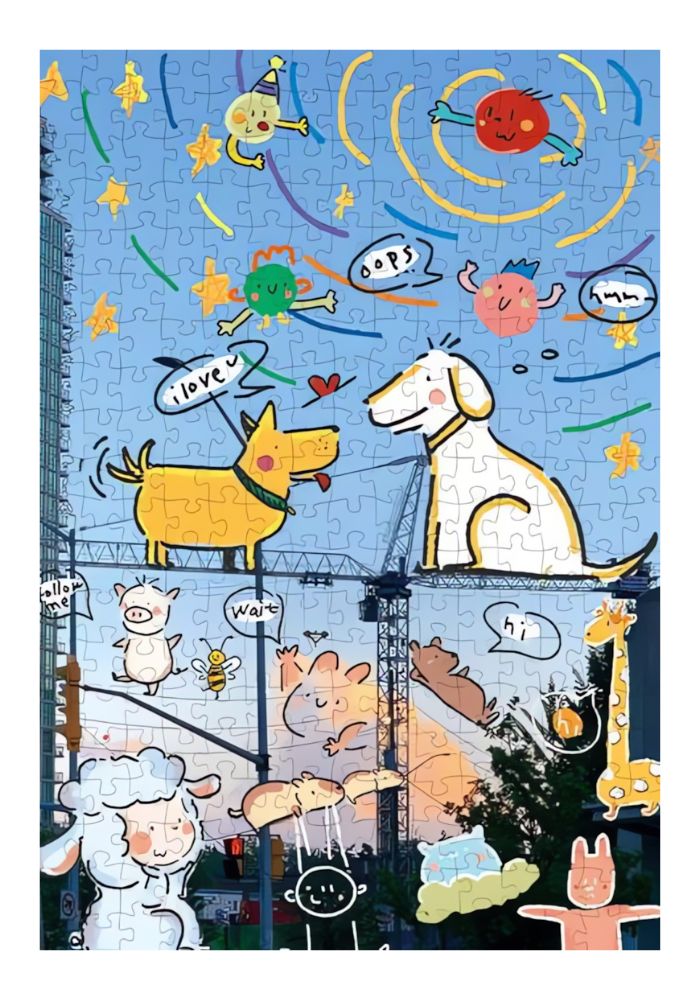 Completed puzzle featuring a playful drawing of animals, stars, and text on a sunset cityscape