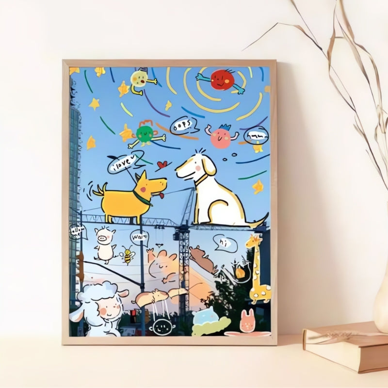 Framed puzzle art with cheerful animal doodles and stars set against a city skyline backdrop