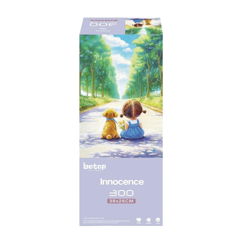 Boxed 300-piece Botop Innocence puzzle with artwork of a girl and dog on a tree-lined path.