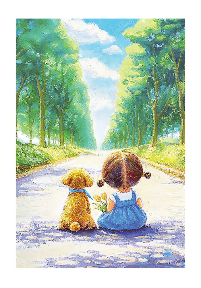 Botop Innocence puzzle art showing a girl and dog sitting peacefully on a sunlit road.
