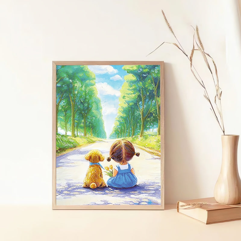 Framed Botop Innocence puzzle displayed on a table with vase and book beside it.