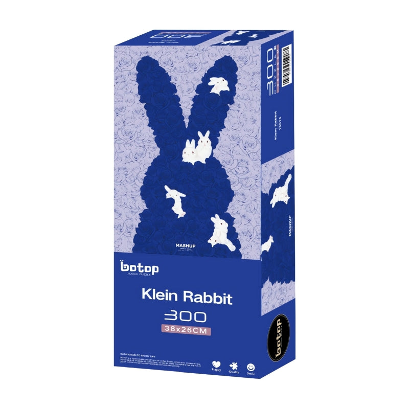 Botop 300 piece puzzle box featuring a silhouette of a rabbit filled with deep blue roses and white bunnies.