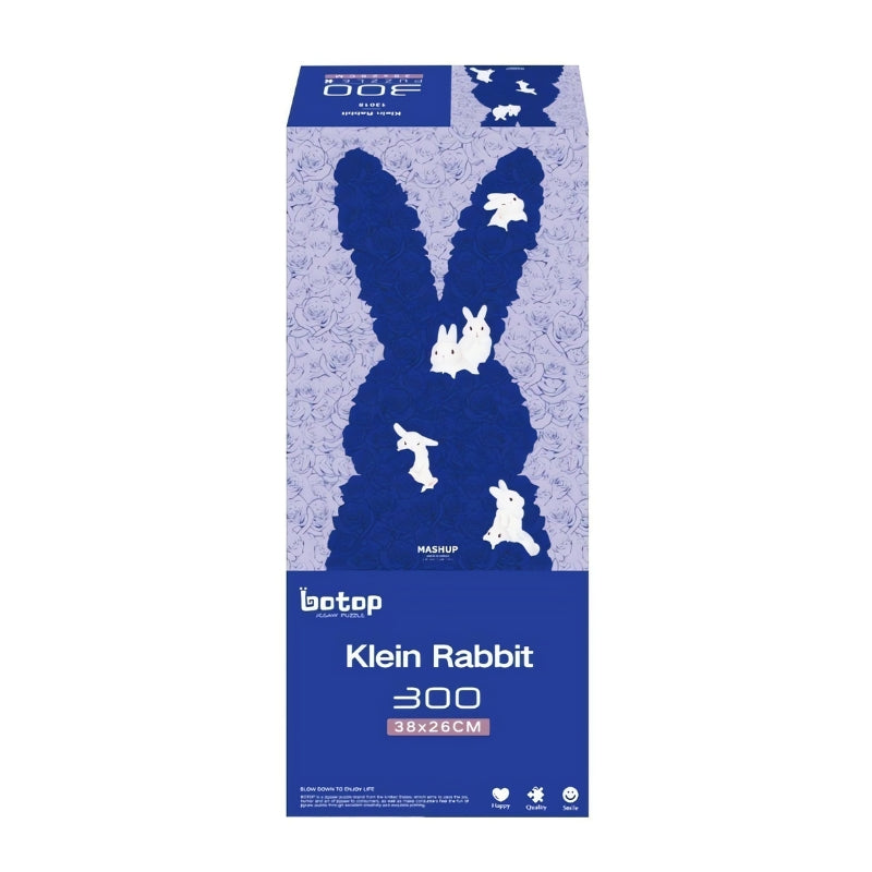 Botop 300 piece puzzle box featuring a silhouette of a rabbit filled with deep blue roses and white bunnies.