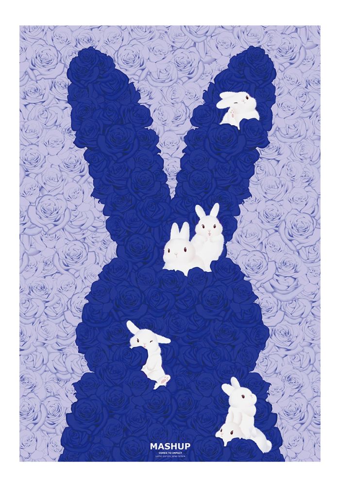 Illustrated puzzle image showing a dark blue rabbit silhouette made of roses with small white rabbits resting on it.