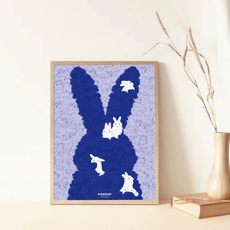 Framed Klein Rabbit puzzle on a wooden table, with soft lighting and neutral décor in the background.