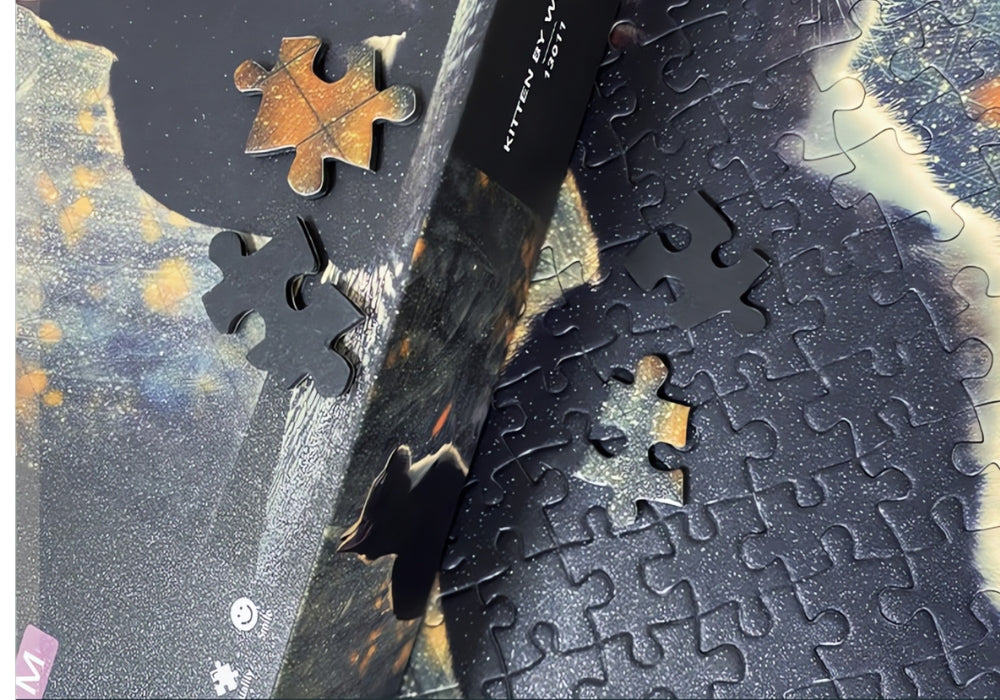 Side view of Lonely Cat puzzle box and connecting pieces