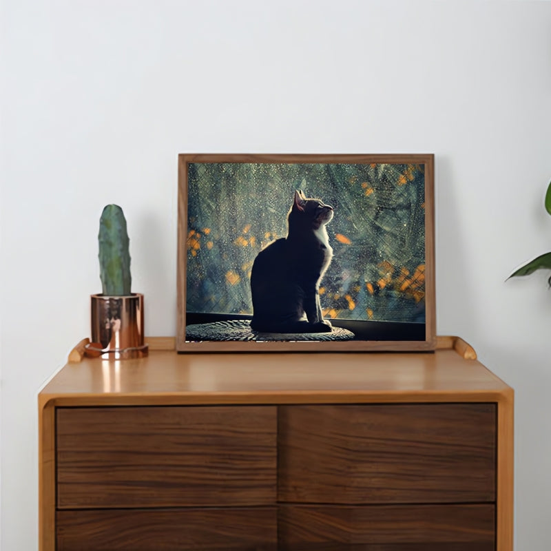 Framed Lonely Cat puzzle with kitten by rainy window
