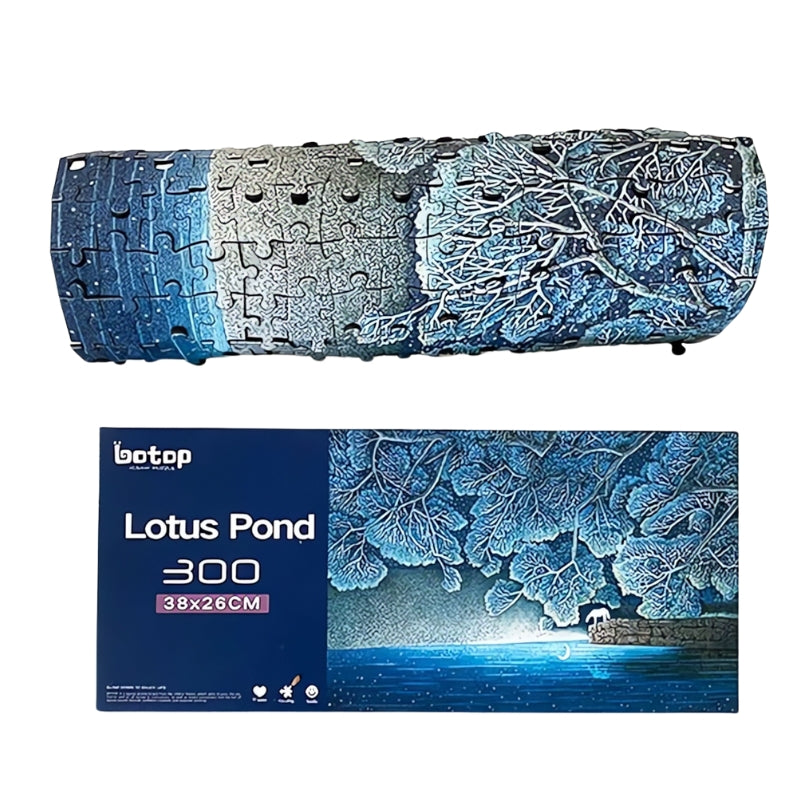 Partially completed 'Lotus Pond' puzzle rolled beside the puzzle box