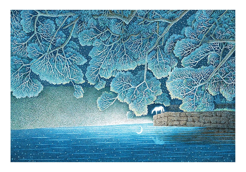 Detailed night illustration of lotus leaves over a moonlit pond with a small white animal on the pier