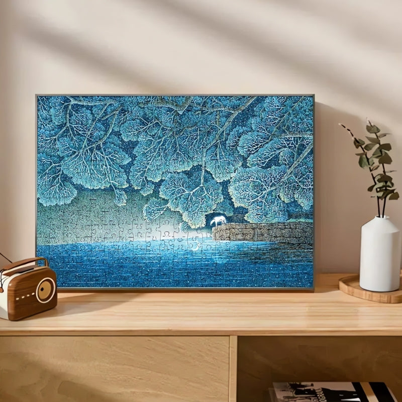 Framed 'Lotus Pond' puzzle displayed on wooden shelf with a vase and radio