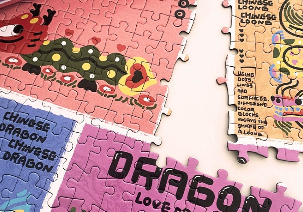 Close-up of Lucky Loong puzzle pieces showing dragon illustrations and bold text