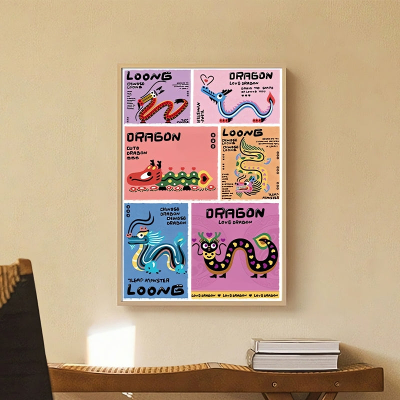 Completed Lucky Loong puzzle framed on wall, showing six vibrant dragon designs