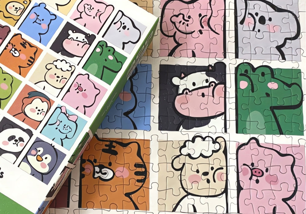 Assembled Our Friends puzzle next to box, showing close-up animal character details