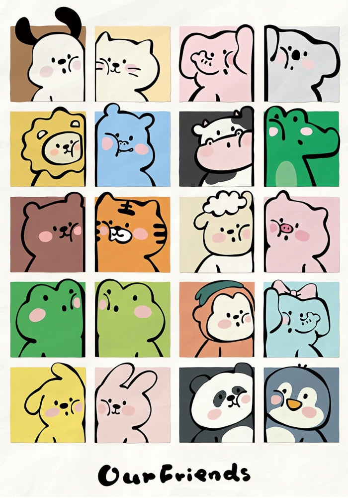 Our Friends puzzle artwork featuring 24 square animal character portraits in rows