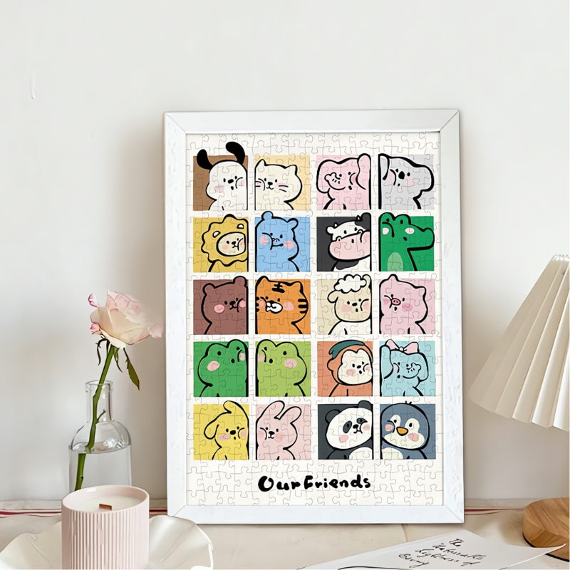 Completed and framed Our Friends puzzle displayed on table with rose and lamp