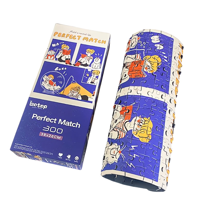 Rolled-up assembled puzzle beside its original box, showing cartoon girl and pet scenes.