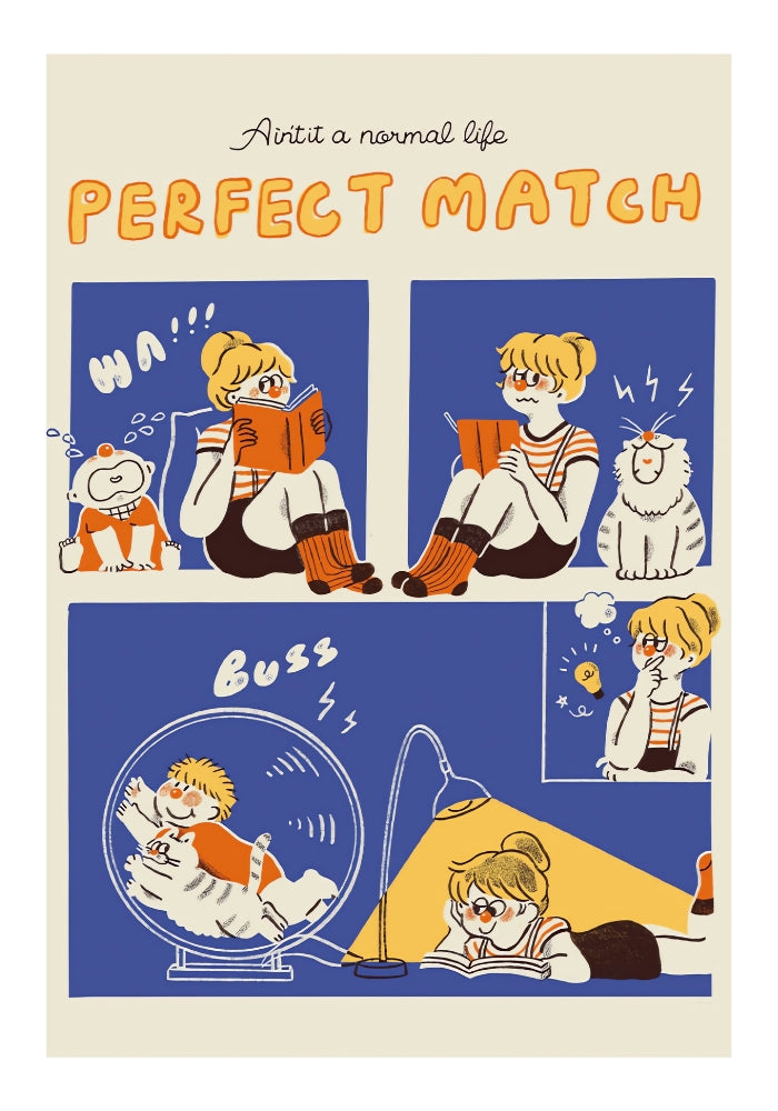 Full image of puzzle with comic-style panels featuring a girl, her pets, and reading moments.