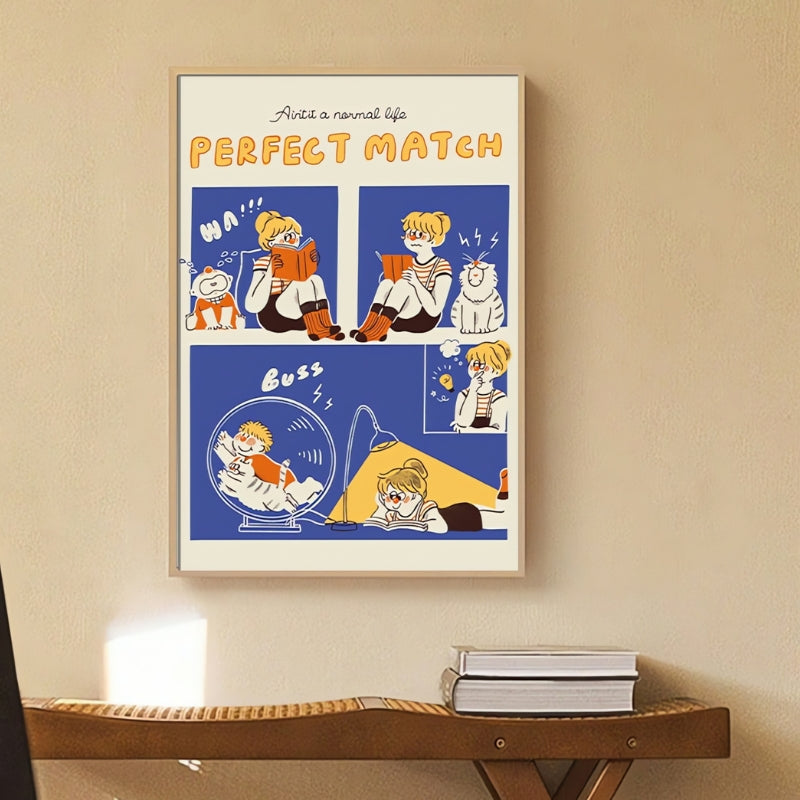 Framed jigsaw puzzle of comic-style artwork with girl and pets, titled "Perfect Match" on wall.