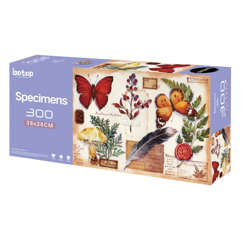 Purple box of Botop Specimens 300 piece puzzle featuring illustrated butterflies, plants, and vintage ephemera.