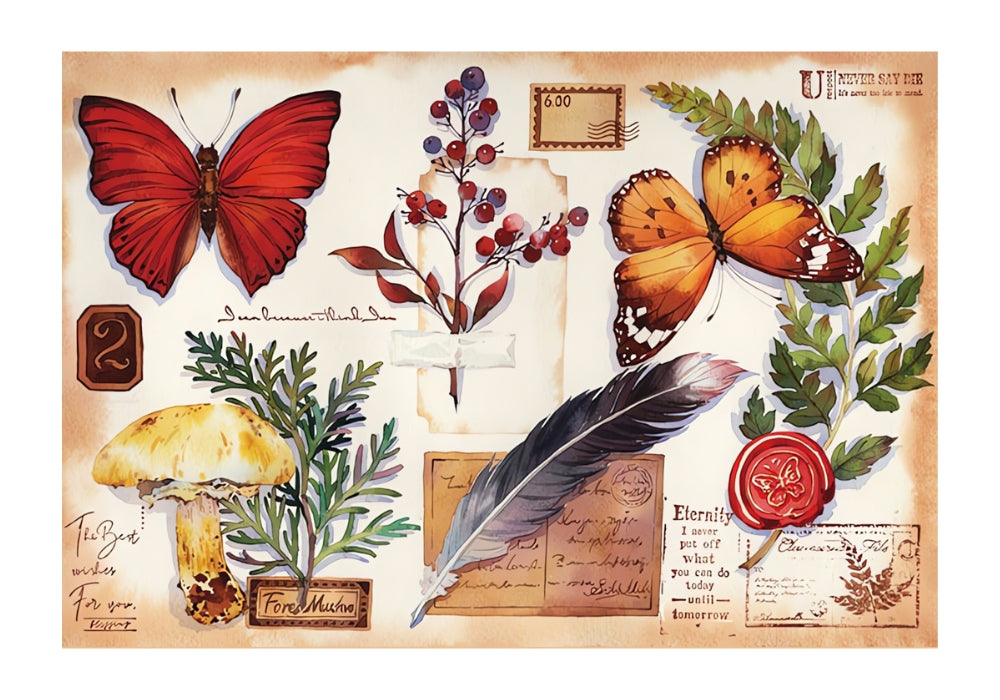 Finished puzzle showing butterflies, leaves, berries, a feather, and handwritten notes in vintage style.