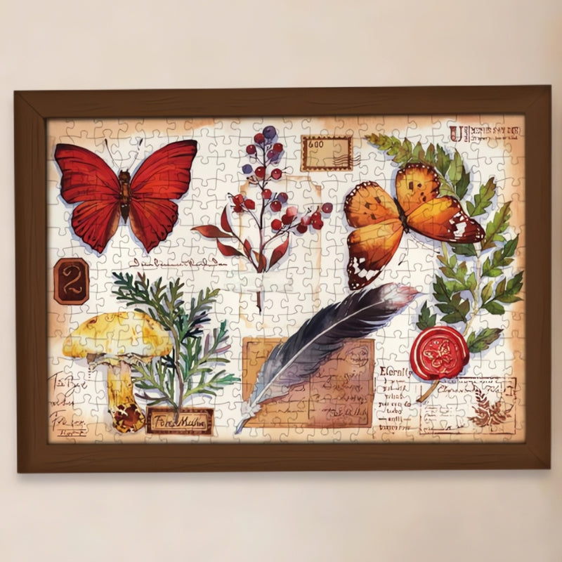 Specimens puzzle completed and framed on wall with natural wooden frame and white background.