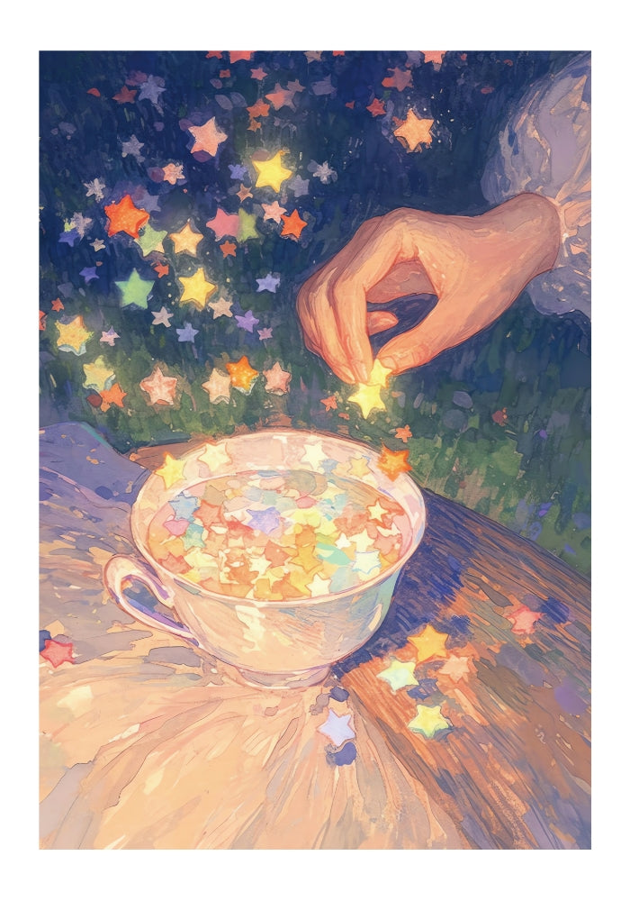 Illustrated hand dropping glowing star-shaped candies into a teacup on a soft tablecloth.