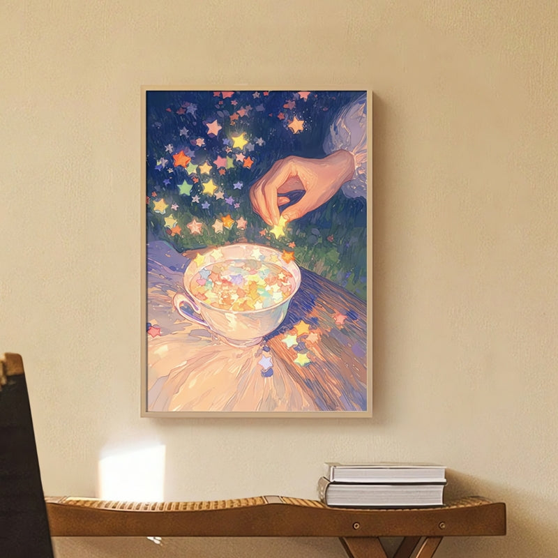 Framed Star Candy puzzle hanging above desk, showing whimsical hand and teacup scene.
