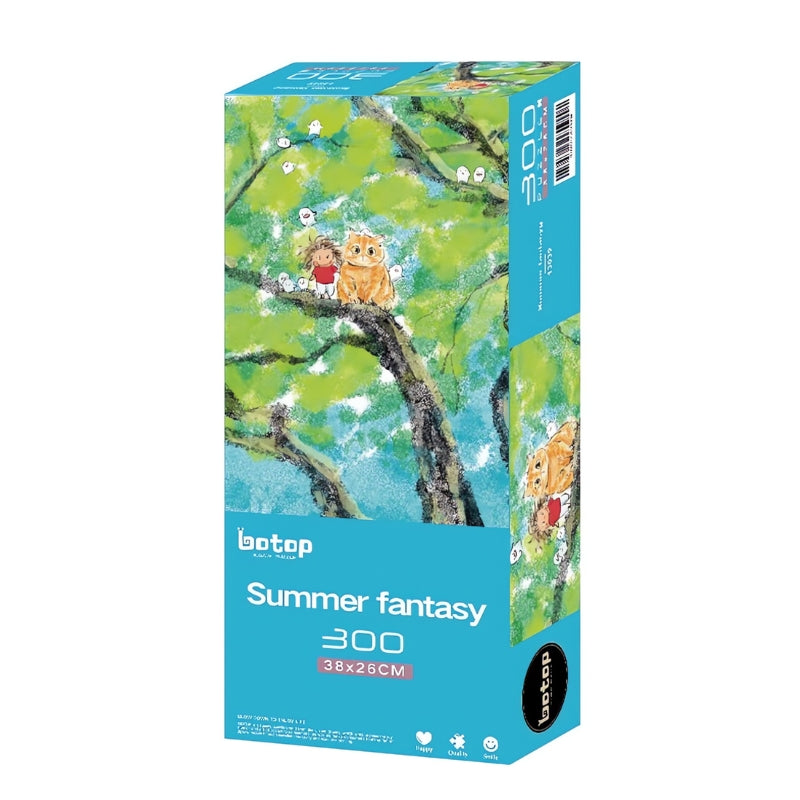 Summer Fantasy puzzle box with whimsical drawing of a girl and an orange cat in a tree.