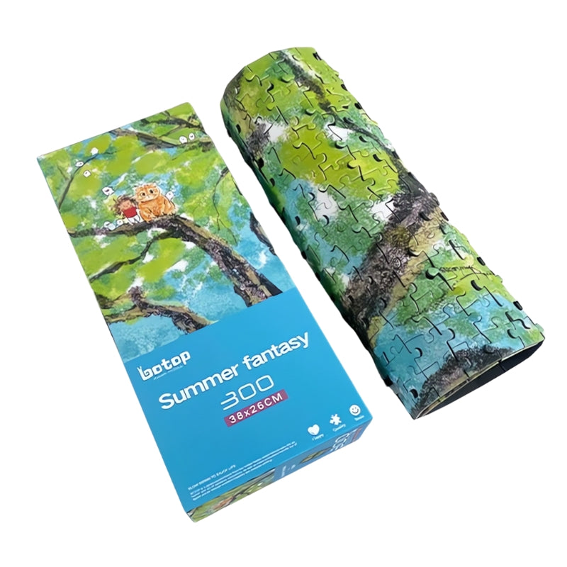 Summer Fantasy puzzle shown with its box and the completed puzzle rolled up.